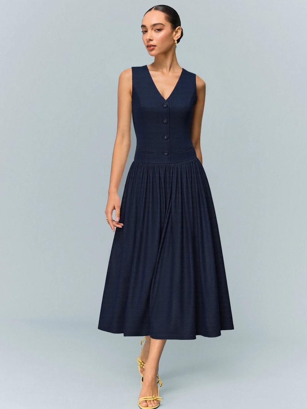 Commense Blue Denim V-Neck Ruched Midi Dress M | Fall Denim Dress - Picture 3 of 6